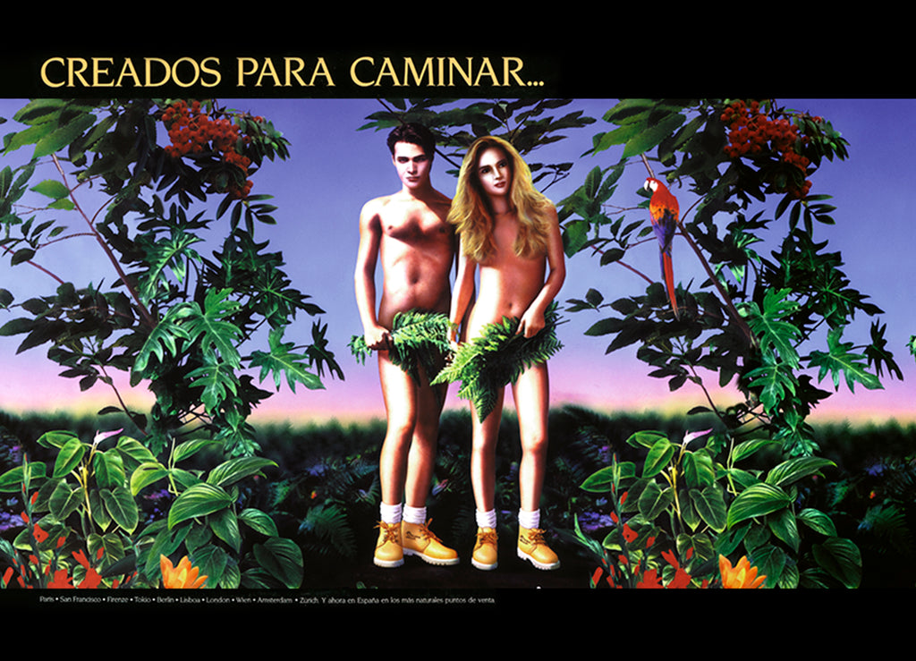 Creados para caminar... Ilustración de Adán y Eva vestidos únicamente con unas botas de Panama Jack